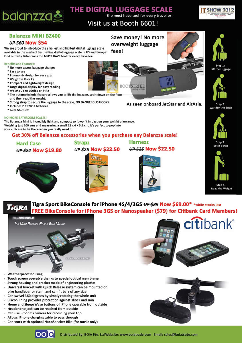IT SHOW 2012 price list image brochure of Mojito Balanzza Digital Luggage Scale Mini BZ400, Accessories, Tigra Sport BikeConsole IPhone