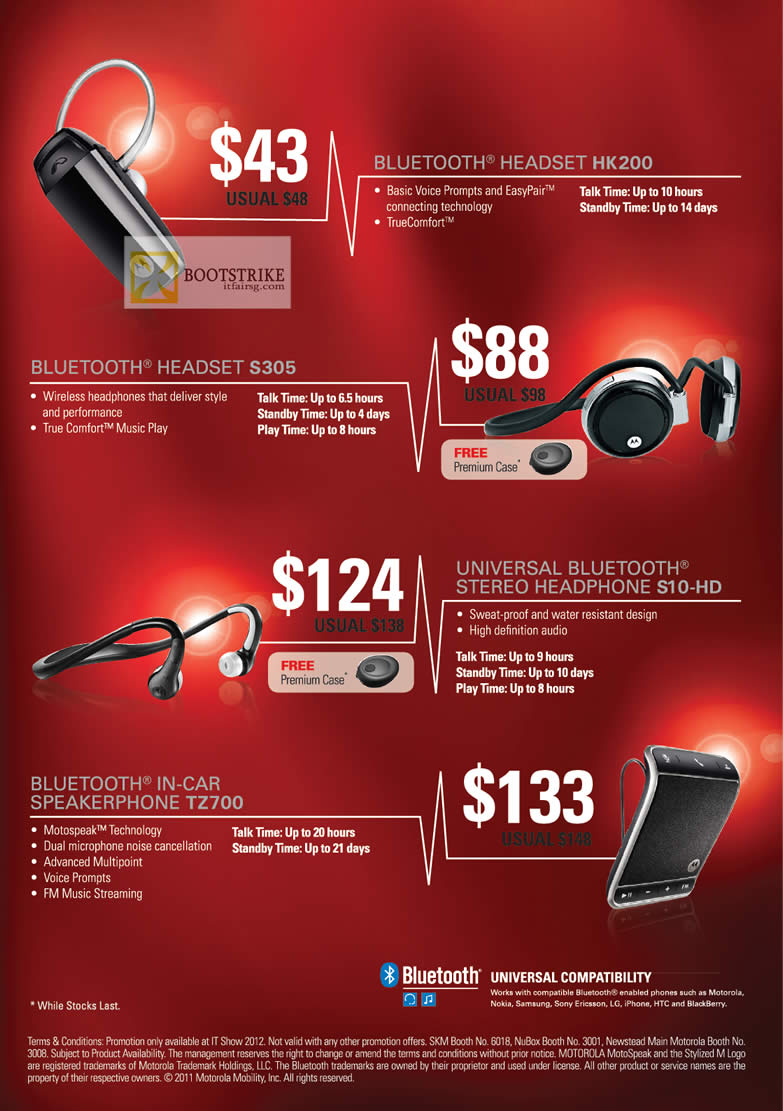 IT SHOW 2012 price list image brochure of Motorola Accessories Bluetooth Headset HK200, S305, Bluetooth Headphone S10-HD, In Car Speakerphone TZ700