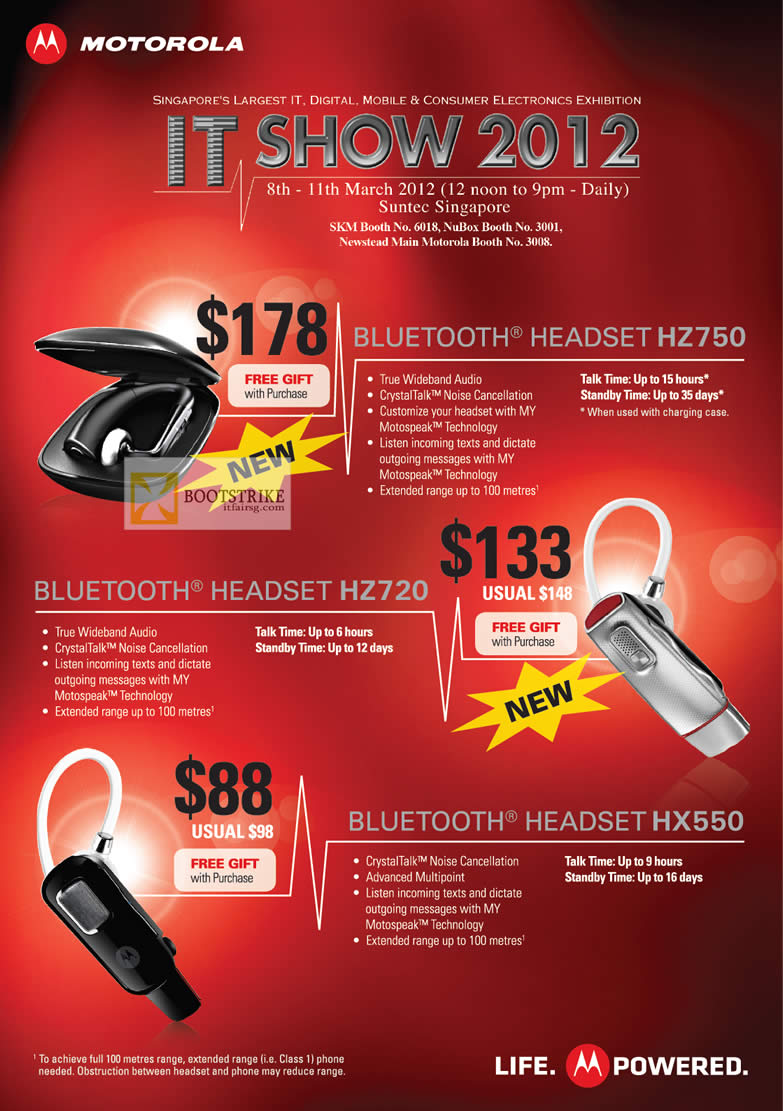 IT SHOW 2012 price list image brochure of Motorola Accessories Bluetooth Headset HZ750, HZ720, HX550