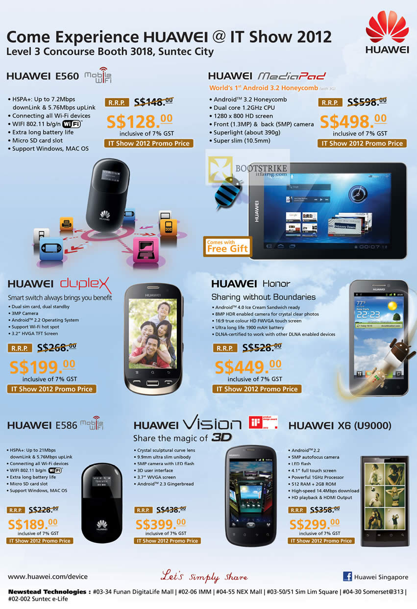 IT SHOW 2012 price list image brochure of Newstead Huawei Tablets E560, MediaPad, Smartphones Duplex, Honor, E586, Vision, X6 U9000