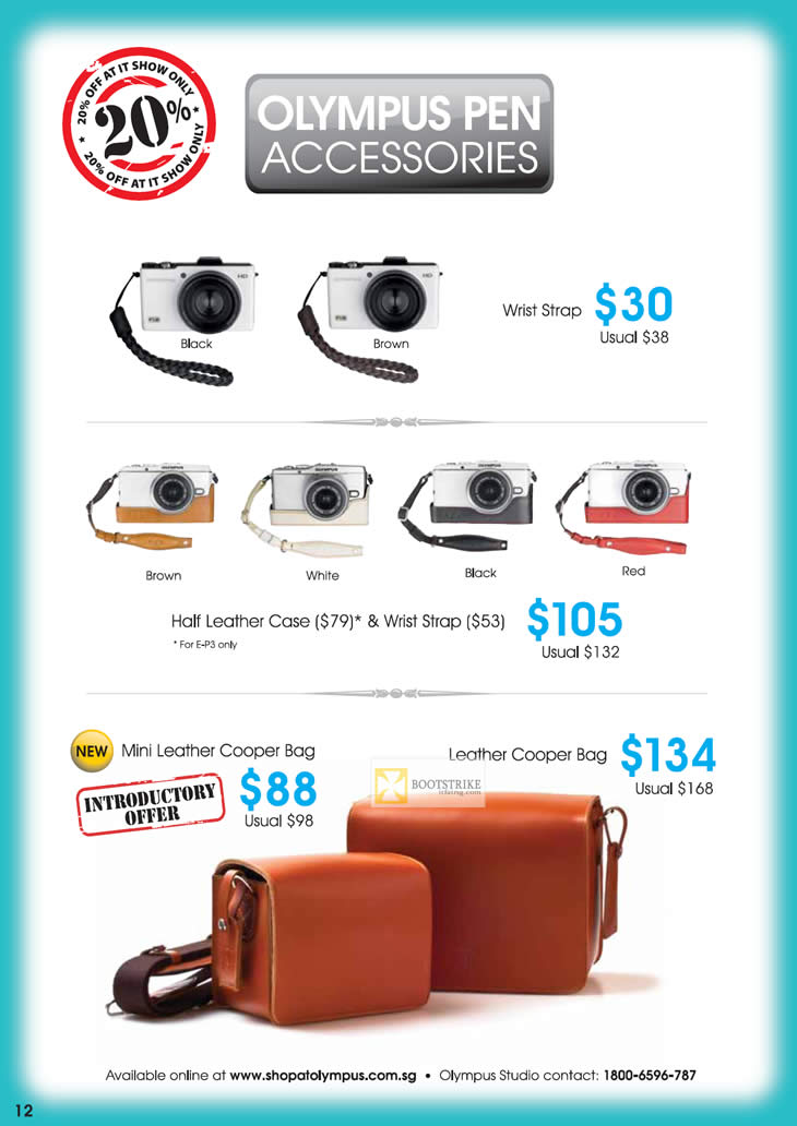 IT SHOW 2012 price list image brochure of Olympus Pen Accessories, Wrist Strap, Half Leather Case, Mini Leather Cooper Bag, Leather Cooper Bag