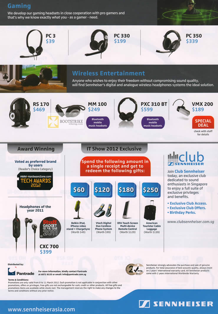 IT SHOW 2012 price list image brochure of Pantrade Sennheiser Gaming Headsets, Headphones, PC 3, PC 330, PC 350, RS 170, MM 100, PXC 310 BT