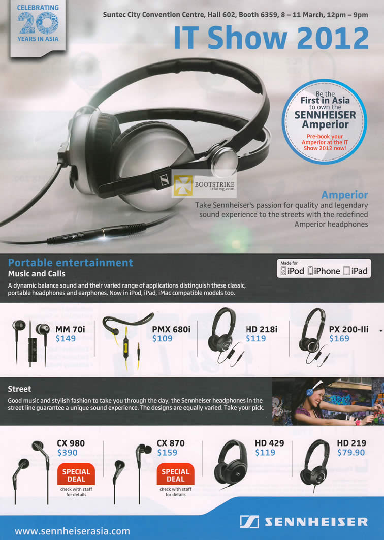 IT SHOW 2012 price list image brochure of Pantrade Sennheiser Headphones MM 70i, PMX 680i, HD 218i, PX 200-IIi, CX 980, CX 870, HD 429, HD 219
