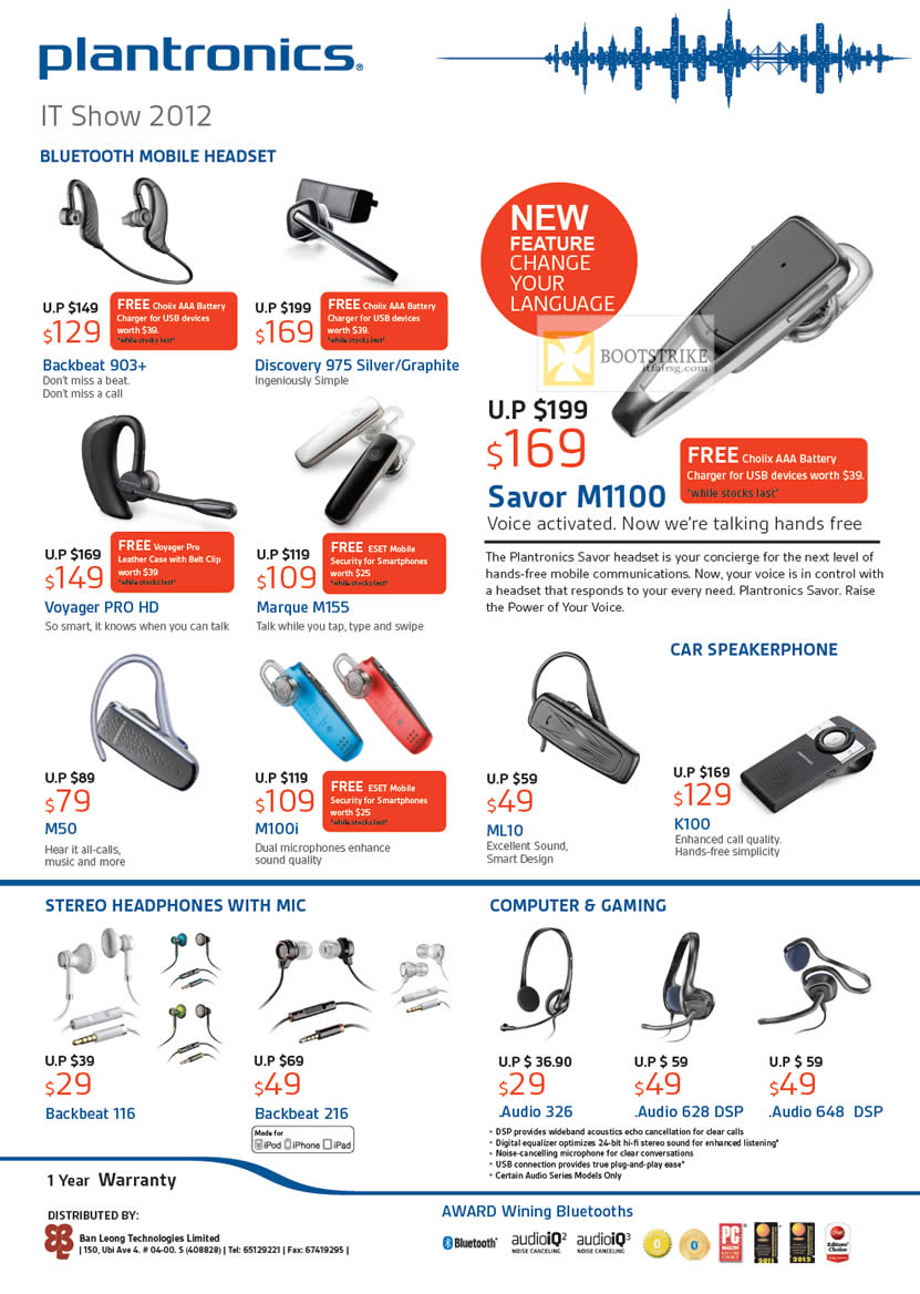 IT SHOW 2012 price list image brochure of Plantronics Bluetooth Headsets, Backbeat 903, Discovery 975, Voyager Pro HD, Marque M155, Savor M1100, M50, M100i, ML10, K100, 116, 216, Audio 326, 628 DSP, 648