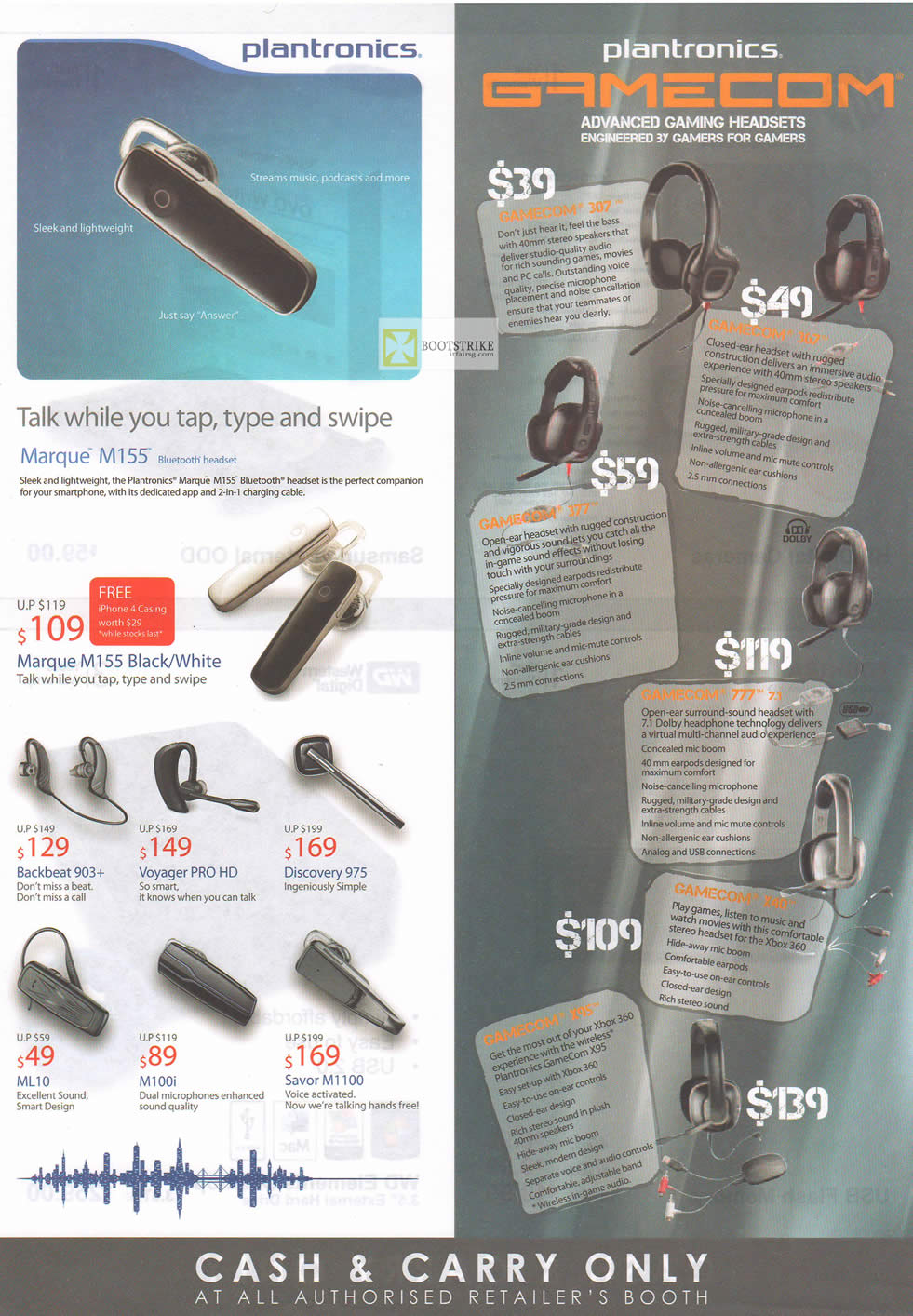 IT SHOW 2012 price list image brochure of Plantronics Marque M155 Bluetooth Headset, Gamecom Headset 307, 367, 377, 777, BackBeat 903, Voyager Pro HD, Discovery 975, ML10, M100i, Savor M1100