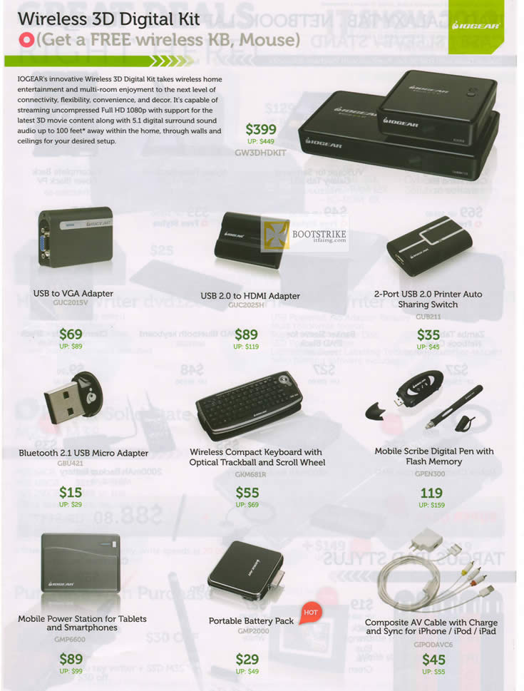 IT SHOW 2012 price list image brochure of Promac Iogear Accessories Wireless 3D Digital Kit, USB To VGA Adapter, HDMI, Bluetooth Adapter, Keyboard, Digital Pen, Power Station, Accessories
