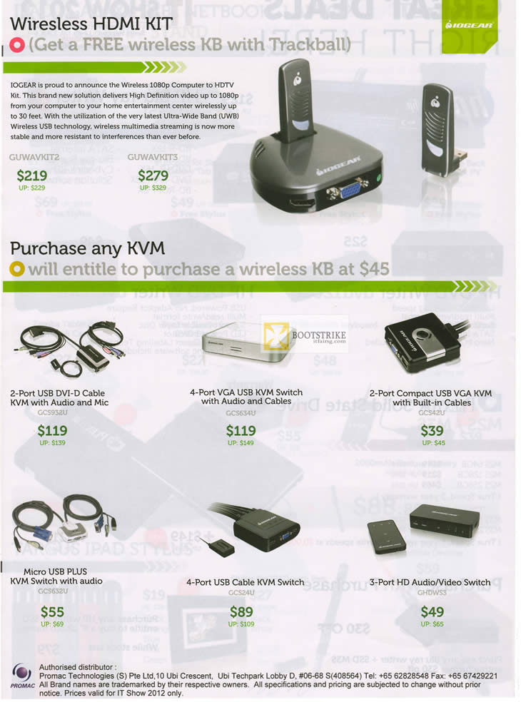 IT SHOW 2012 price list image brochure of Promac Iogear Wireless HDMI Kit GUWAVKIT2, GUWAVKIT3, KVM Switches, Accessories Cables