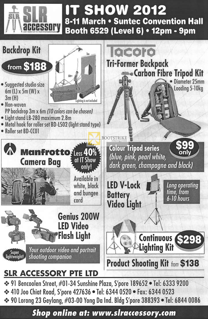 IT SHOW 2012 price list image brochure of SLR Accessory Backdrop Kit, Tacoto Carbon Fiber Tripod Kit, Manfrotto, Camera Bag, Battery Video Light Lighting