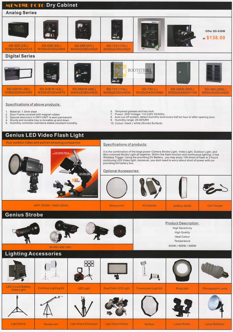 IT SHOW 2012 price list image brochure of SLR Accessory Dry Cabinet, Genius LED Video Flash Light, Genius Strobe, Lighting Accessories