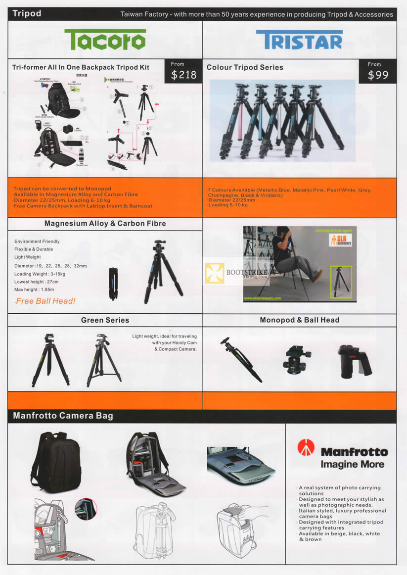 IT SHOW 2012 price list image brochure of SLR Accessory Tripod Tacoto, Tristar, Magnesium Alloy, Carbon Fiber, Monopod, Manfrotto Camera Bag