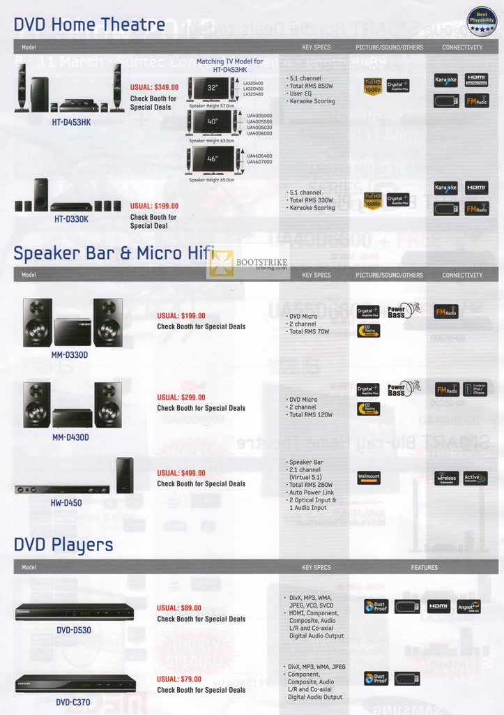 IT SHOW 2012 price list image brochure of Samsung Mega Discount DVD Home Theatre, Speaker Bar, Micro Hifi, Players