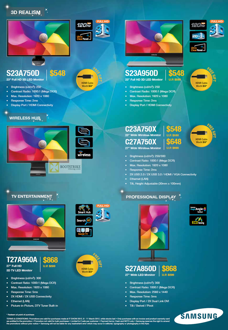 IT SHOW 2012 price list image brochure of Samsung Monitors 3D LED S23A750D, S23A950D, Wireless C23A750X, C27A750X, TV T27A950A, S27A850D