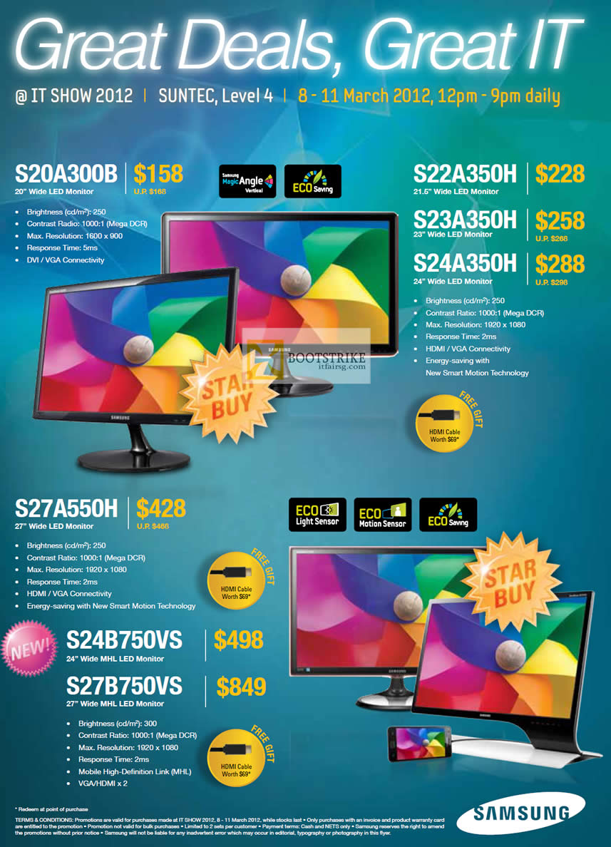 IT SHOW 2012 price list image brochure of Samsung Monitors LED S20A300B, S22A350H, S23A350H, S24A350H, S27A550H, S24B650VS, S27B750VS