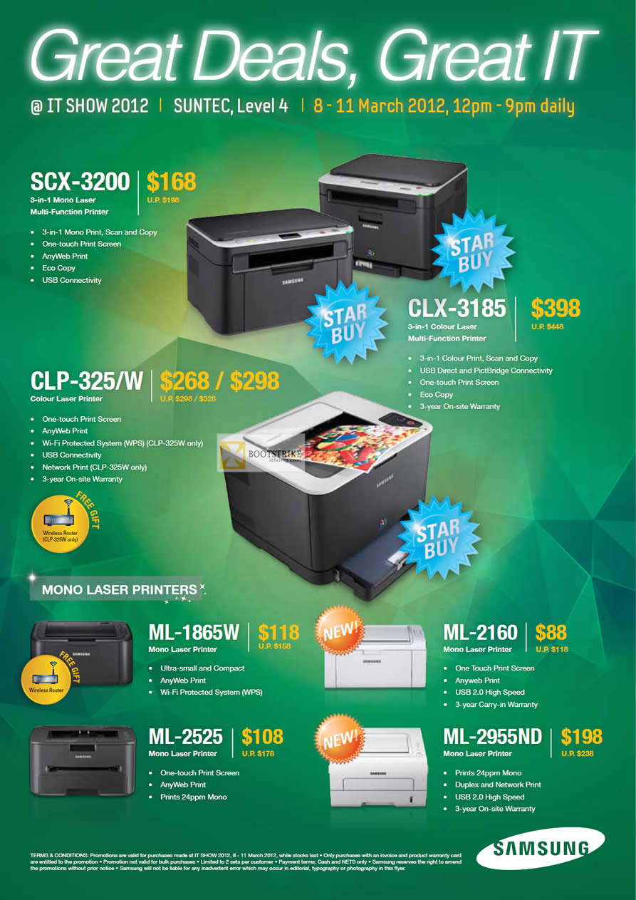 IT SHOW 2012 price list image brochure of Samsung Printers Laser SCX-3200, CLX-3185, CLP-325 W, ML-1865W, ML-2160, ML-2525, ML-2955ND
