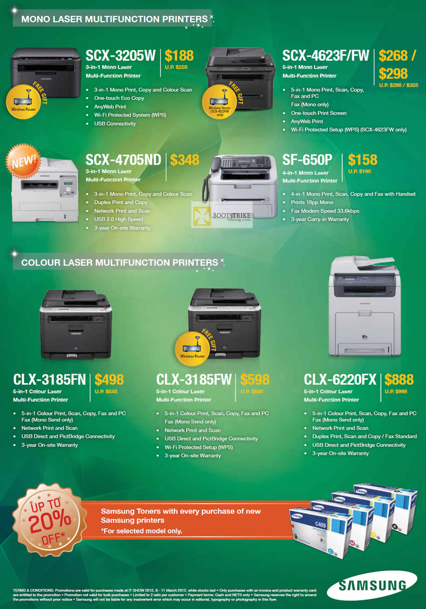 IT SHOW 2012 price list image brochure of Samsung Printers Laser SCX-3205W, SCX-4623F FW, SCX-4705ND, SF-650P, CLX-3185FN, CLX-3185FW, CLX-6220FX