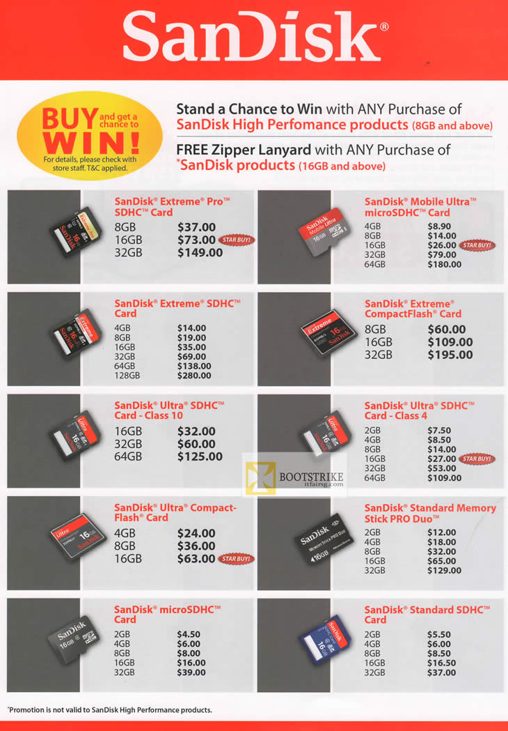 IT SHOW 2012 price list image brochure of Sandisk Flash Memory Cards, Extreme Pro SDHC, Mobile Ultra MicroSDHC, Extreme, CompactFlash CF, Memory Stick Pro Duo