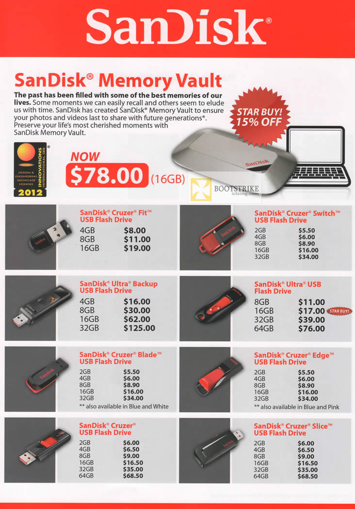 IT SHOW 2012 price list image brochure of Sandisk Memory Vault, USB Flash Memory Cruzer Fit, Switch, Ultra Backup, Blade, Edge, Cruzer, Cruzer Slice