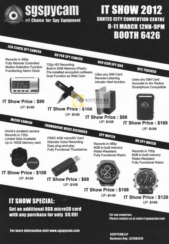 IT SHOW 2012 price list image brochure of Sgspycam LCD Clock Spy Camera, HD Pen, N99 GSM Spy Bug, GPS Tracker, Micro Camera, Thumbdrive Voice Recorder, Spy Watch, HD