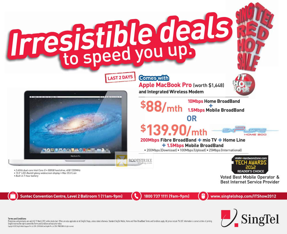 IT SHOW 2012 price list image brochure of Singtel Broadband ADSL 10Mbps 1.5Mbps Home Broadband Mobile Broadband, Apple MacBook Pro
