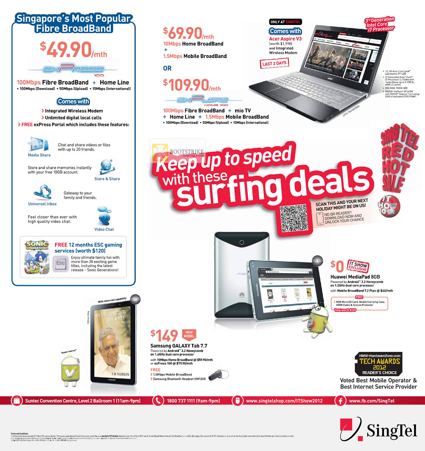 IT SHOW 2012 price list image brochure of Singtel Broadband Fibre 100Mbps, ADSL Acer Aspire V3 Notebook, Samsung Galaxy Tab 7.7, Huawei Mediapad