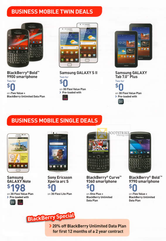 IT SHOW 2012 price list image brochure of Singtel Business Blackberry Bold 9900, Samsung Galaxy S II, Galaxy Tab 7.0 Plus, Note, Xpera Arc S, Curve 9360, Bold 9790