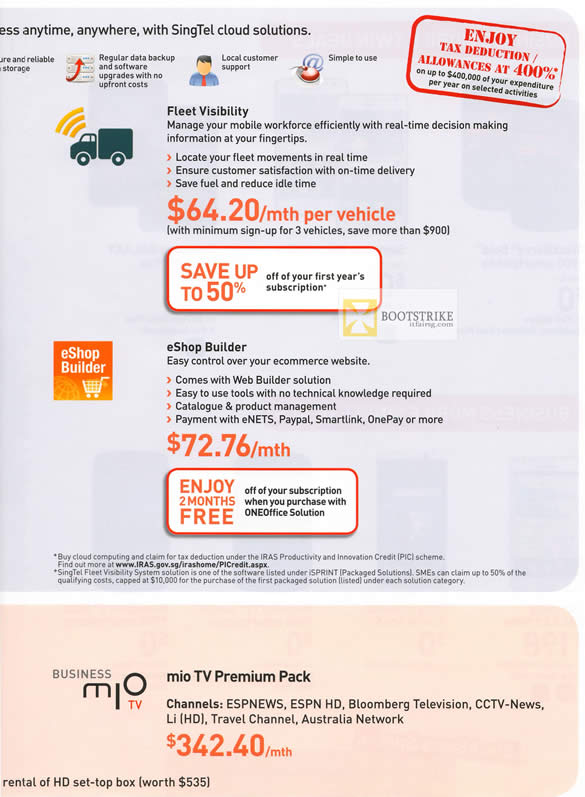 IT SHOW 2012 price list image brochure of Singtel Business Fleet Management, EShop Builder, Mio TV Premium Pack
