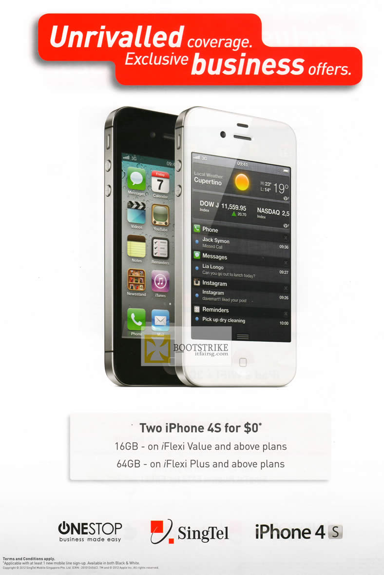 IT SHOW 2012 price list image brochure of Singtel Business Two IPhone 4S For 0 Dollar, Onestop IFlexi Value, Plus