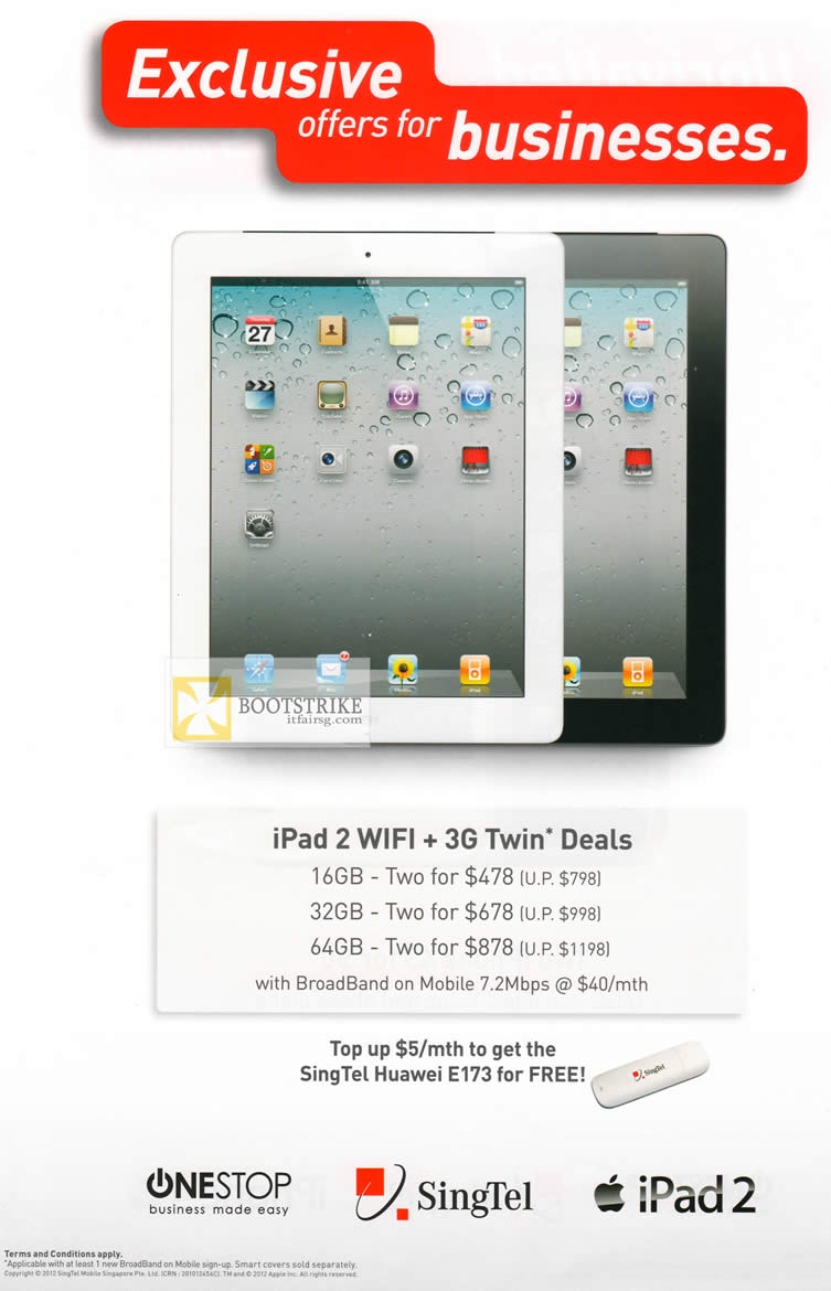 IT SHOW 2012 price list image brochure of Singtel Business IPad2 Wifi 3G Twin Deals, Broadband On Mobile