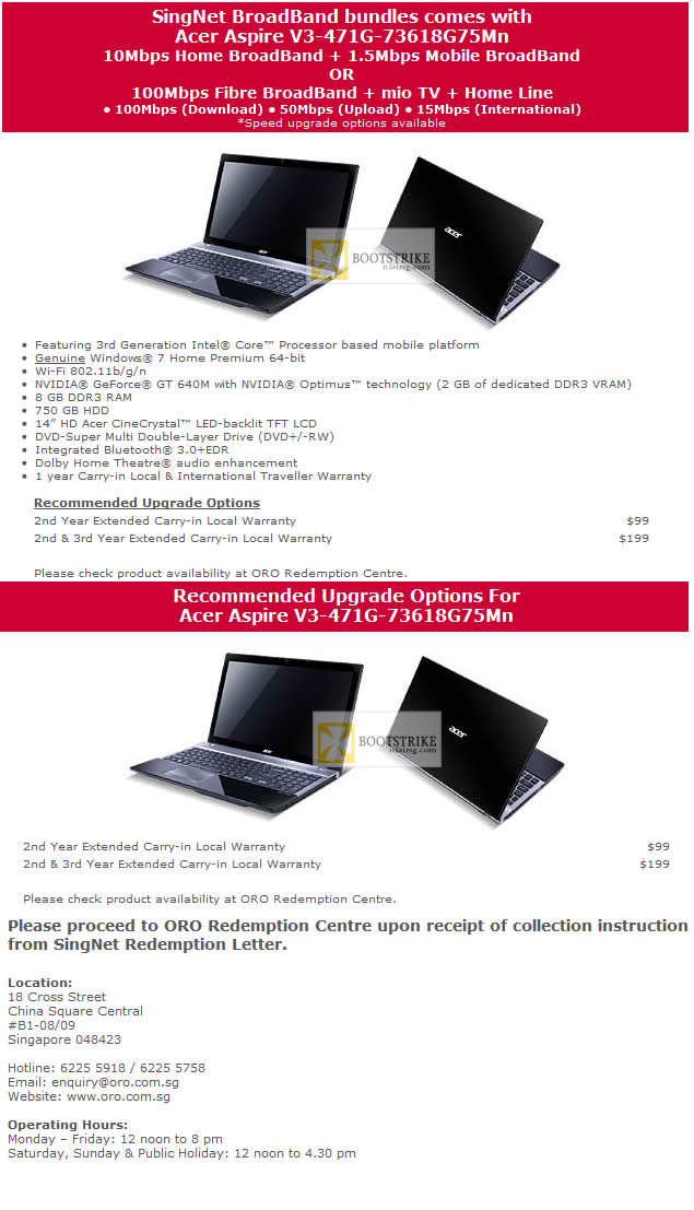 IT SHOW 2012 price list image brochure of Singtel Free Acer Aspire V3-471G-73618G75Mn Notebook Specifications, Upgrade Options, Redemption