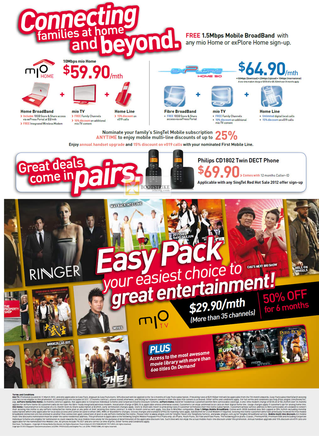 IT SHOW 2012 price list image brochure of Singtel Mio Home 10Mbps, Fibre Broadband Explore Home 50, Philips CD1802 Twin DECT Phone, Mio TV Easy Pack