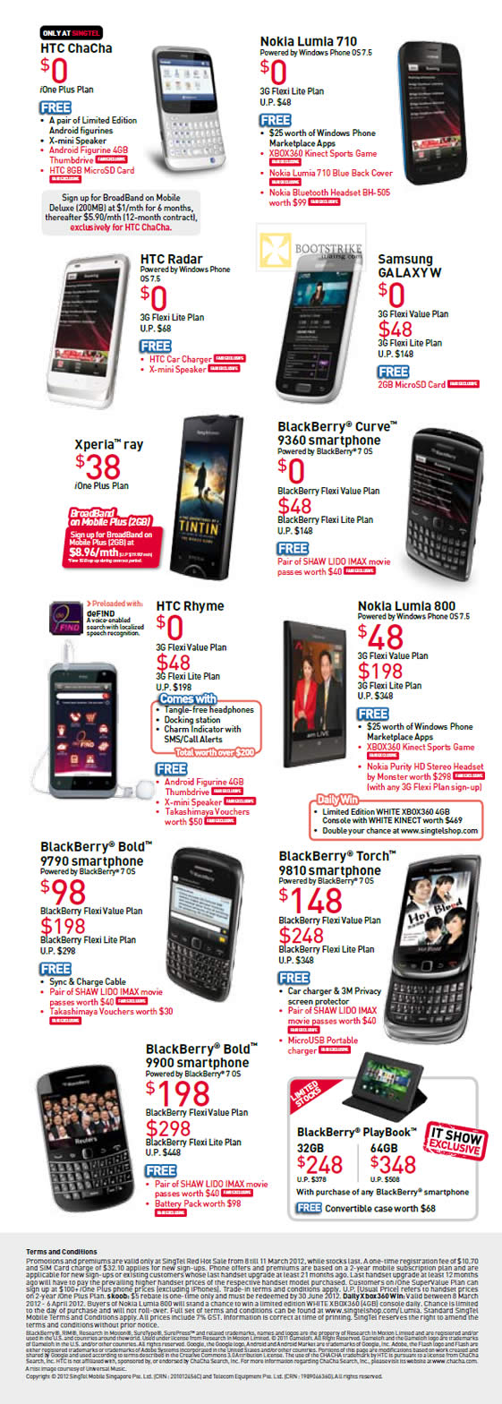 IT SHOW 2012 price list image brochure of Singtel Mobile HTC ChaCha, Radar, Rhyme, Nokia Lumia 710, 800, Samsung Galaxy W, Xperia Ray, Blackberry Curve 9360, Bold 9790, Torch 9810, Bold 9900, Playbook