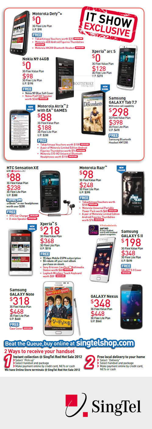 IT SHOW 2012 price list image brochure of Singtel Mobile Motorola Defy, Atrix 2, Razr, Nokia N9, SE Xperia Arc S, Samsung Galaxy Tab 7.7, Note, Nexus, HTC Sensation XE