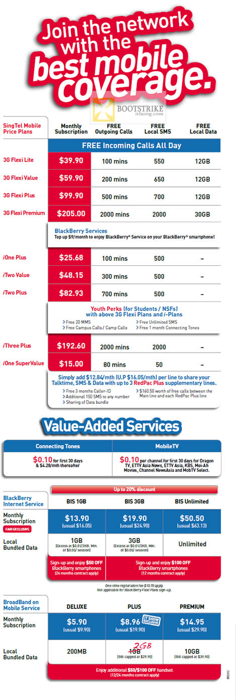 IT SHOW 2012 price list image brochure of Singtel Mobile Plans 3G Flexi Lite Value Plus Premium, IOne Plus Value ITwo, IThree, Broadband On Mobile