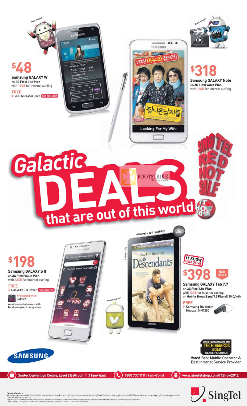 IT SHOW 2012 price list image brochure of Singtel Mobile Samsung Galaxy W, Galaxy Note, Galaxy S II, Galaxy Tab 7.7