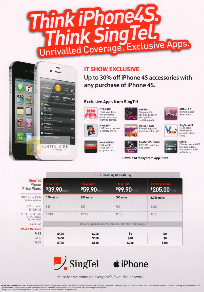 IT SHOW 2012 price list image brochure of Singtel IPhone 4S Accessories, Price Plans, Apps