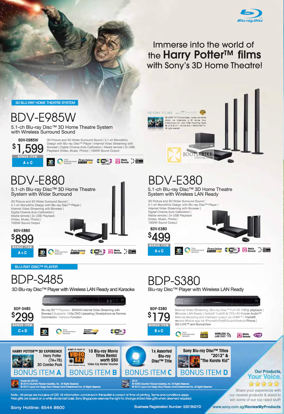 IT SHOW 2012 price list image brochure of Sony Juzz1 Blu-Ray 3D Home Theatre System BDV-E985W, BDV-E880, BDV-E380, Blu Ray Player BDP-S485, BDP-S380