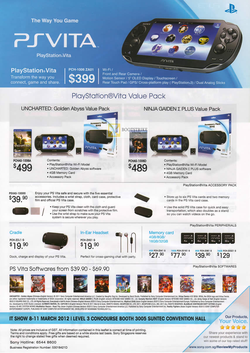 IT SHOW 2012 price list image brochure of Sony Playstation Vita PS Vita, Value Pack PCHAS-1006A, PCH-1006 ZA01, Ninja Gaiden PCHAS-1006D, PSVAS-10000, Cradle, In-Ear, Memory Card, Games