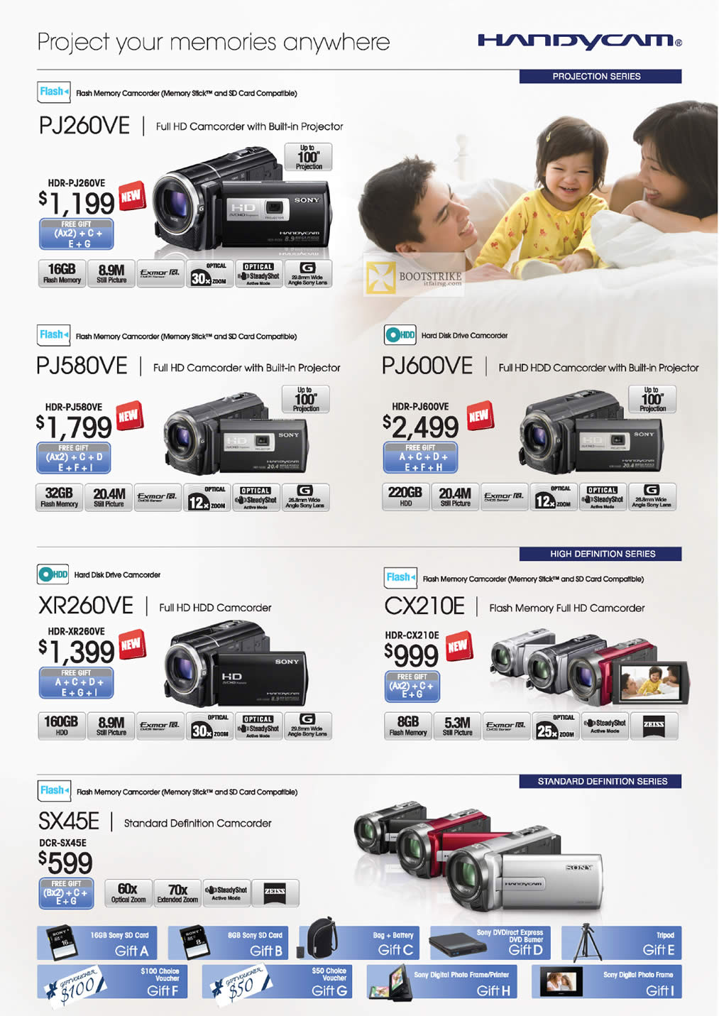 IT SHOW 2012 price list image brochure of Sony Video Camcorders Handycam HDR-PJ260VE, HDR-PJ580VE, HDR-PJ600VE, HDR-XR260VE, HDR-CX210E, DCR-SX45E