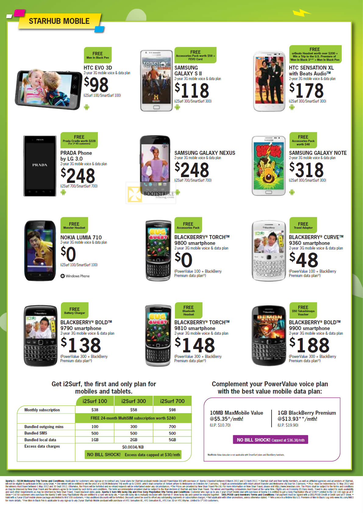 IT SHOW 2012 price list image brochure of Starhub Mobile HTC Evo 3D, Sensation XL, Samsung Galaxy S II, Nexus, Note, Prada Phone, Blackberry Torch 9800, Curve 9360, Bold 9790, Torch 9810, Bold 9900