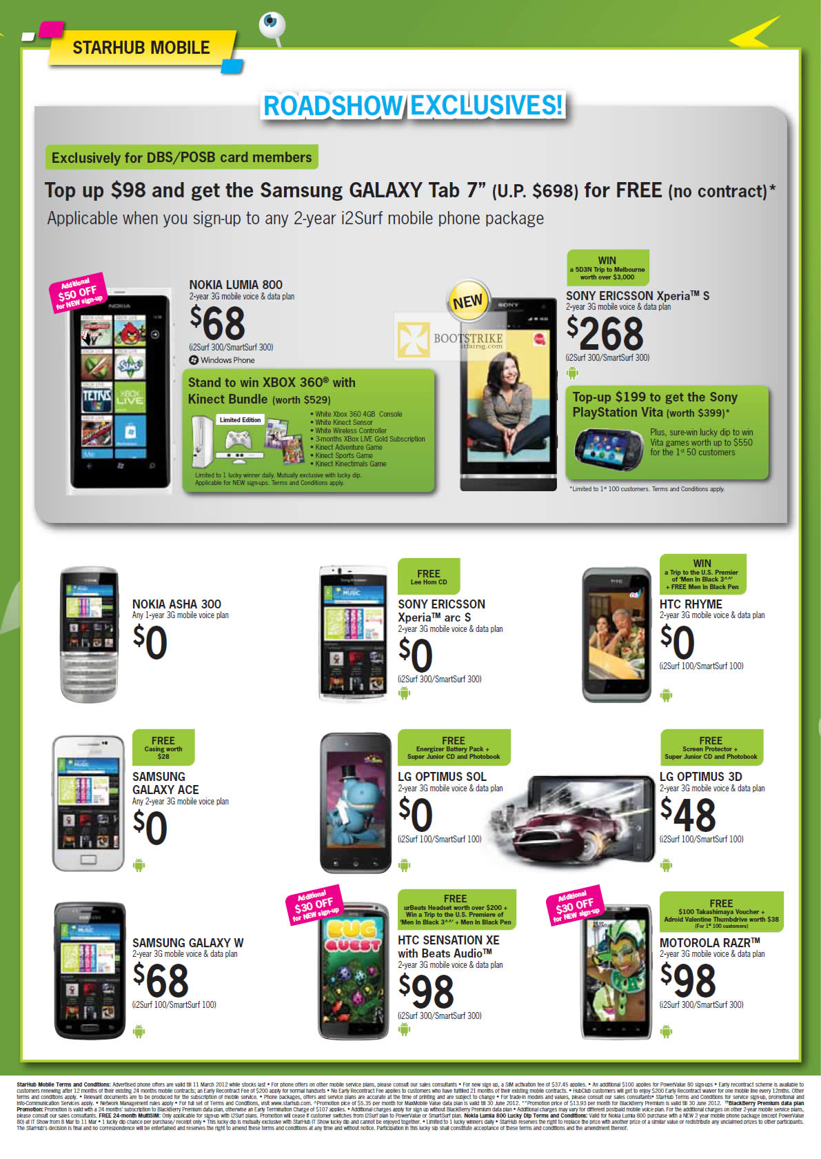 IT SHOW 2012 price list image brochure of Starhub Mobile Nokia Asha 30, Xperia Arc S, HTC Rhyme, Sensation XE, Samsung Galaxy Ace, W, LG Optimus Sol, 3D, Motorola Razr