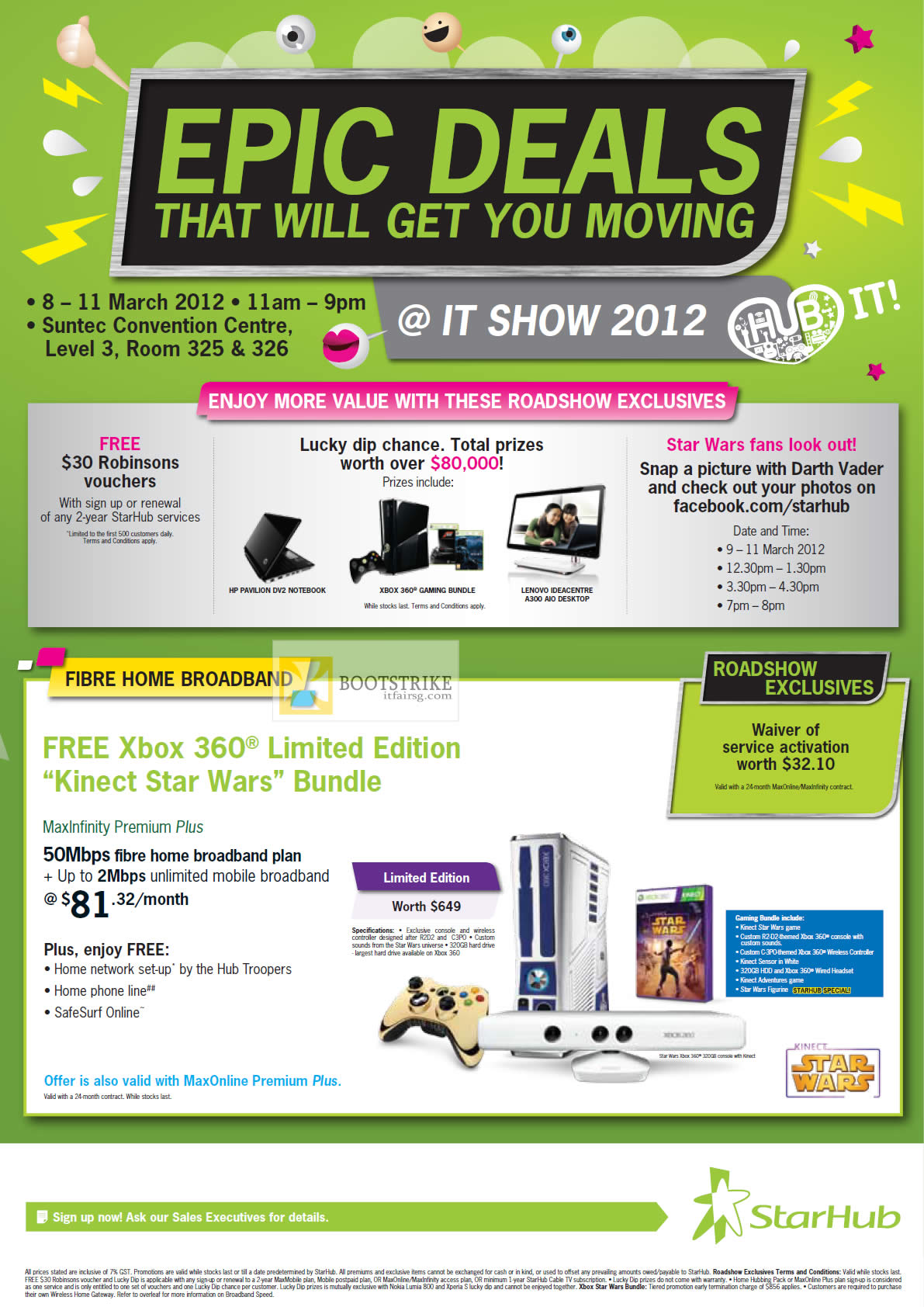 IT SHOW 2012 price list image brochure of Starhub Roadshow Exclusives, Star Wars, Robinsons Vouchers, Fibre Free Xbox Kinect 360 Star Wars Maxinfinity Premium Plus 50Mbps