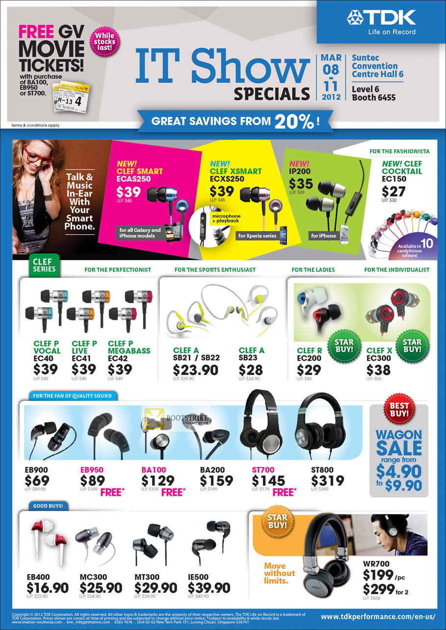 IT SHOW 2012 price list image brochure of TDK Earphones Clef Smart, Xmsart, IP200, Cocktail, EB900, EB950, BA100, BA200, Headphones ST700, ST800, WR700