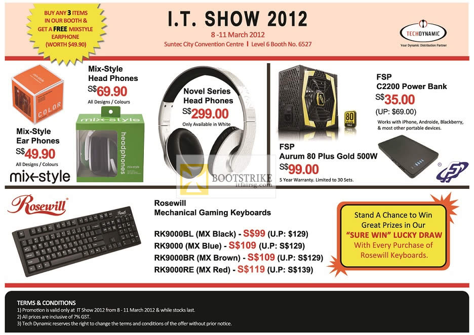 IT SHOW 2012 price list image brochure of Tech Dynamic Mix-Style Earphones, Headphones, Novel, FSP C2200 Power Bank, Aurum PSU, Rosewill Mechanical Keyboard RK9000BL, RK9000, RK9000BR, RK9000RE