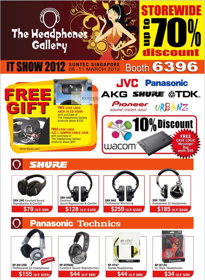 IT SHOW 2012 price list image brochure of The Headphones Gallery Free Gift, Shure SRH 240, 440, 840, 750DJ, Panasonic Technics RP-DH1200, RP-HTF600, RP-HTX7, RP-DJ120