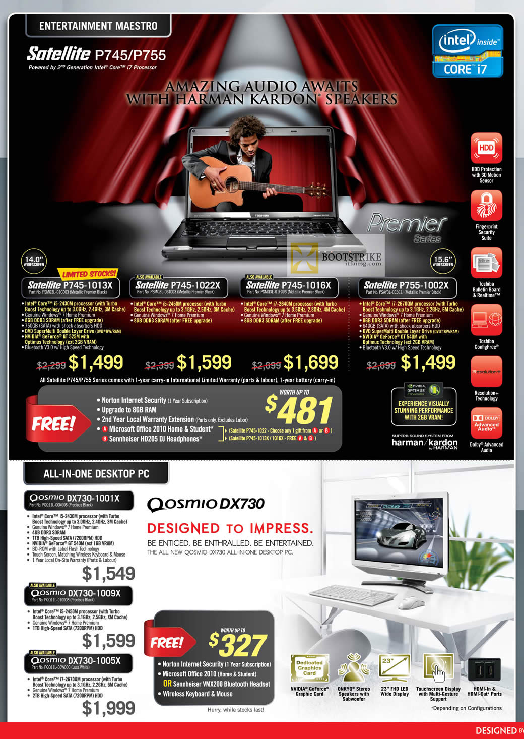 IT SHOW 2012 price list image brochure of Toshiba Notebooks Satellite P745-1013X, P745-1022X, P745-1016X, P755-1002X, Qosmio AIO Desktop PC Dx730-1001X, DX730-1009X, DX730-1005X