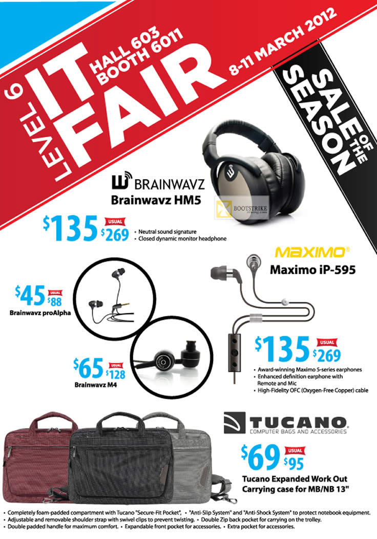 IT SHOW 2012 price list image brochure of Twister Headphones Earphones Brainwavz HM5, Maximo IP-595, ProAlpha, M4, Tucano Bags