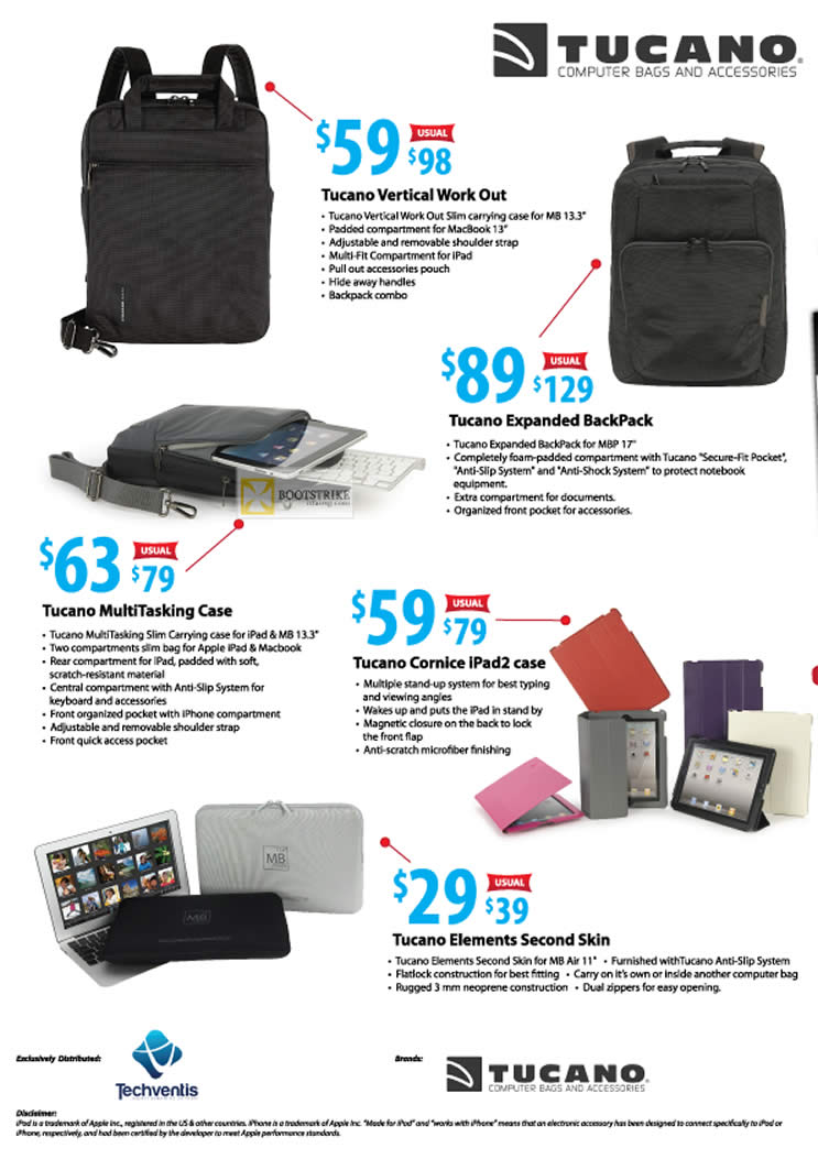 IT SHOW 2012 price list image brochure of Twister Tucano Bags Vertical Work Out, Expanded BackPack, Multitasking Case, Cornice IPad2 Case, Elements Second Skin