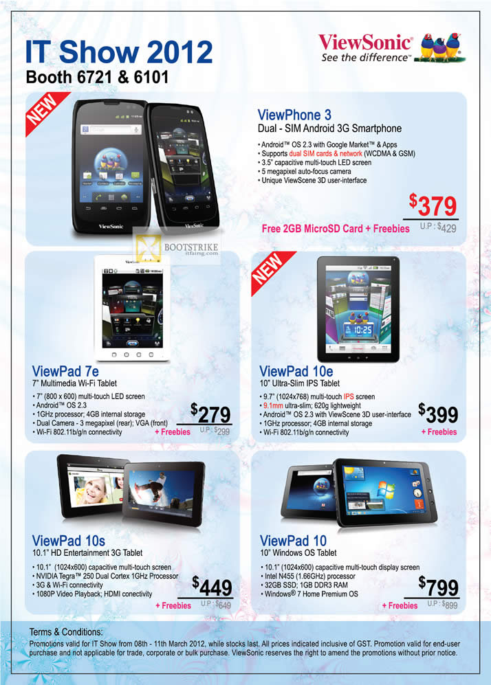 IT SHOW 2012 price list image brochure of Viewsonic Smartphones Dual Sim Android ViewPhone 3, ViewPad 7e Tablet, 10e, 10s, 10, Windows