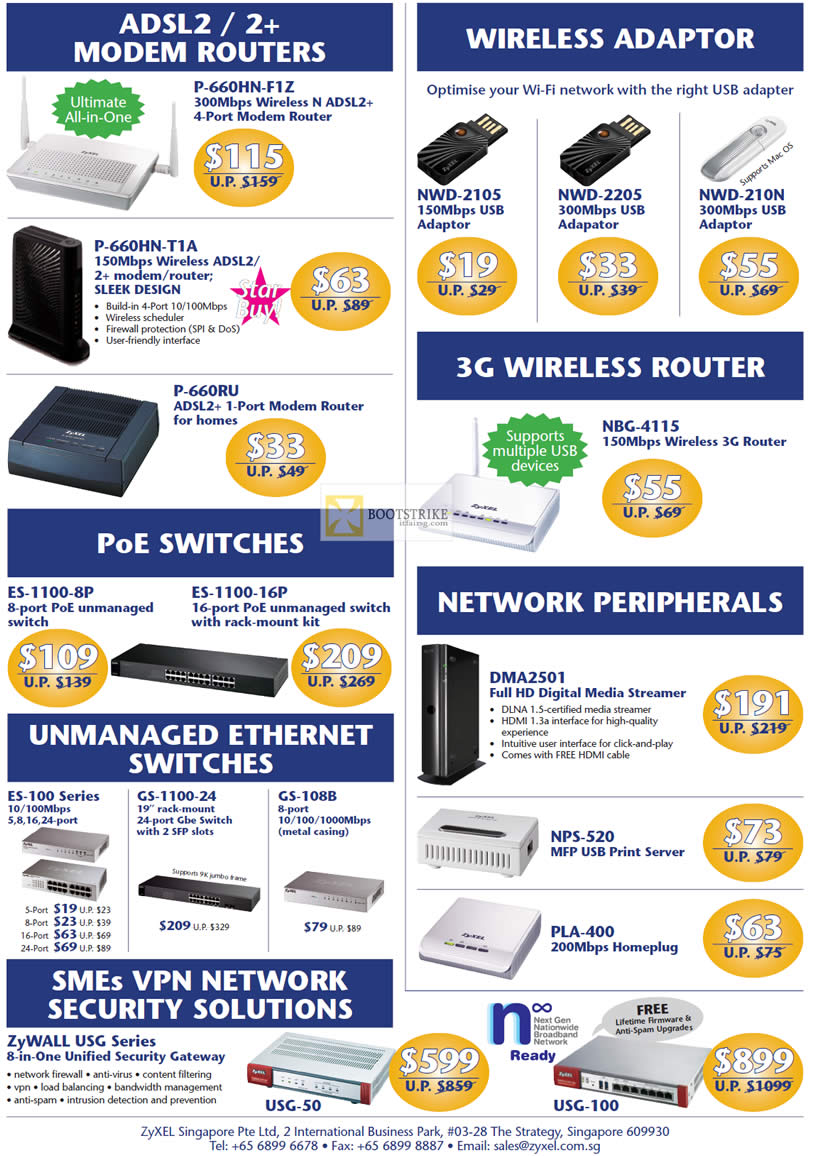 IT SHOW 2012 price list image brochure of Zyxel Networking Modem Router ADSL2, USB Wireless Adaptor, 3G, PoE Switches, Media Streamer, HomePlug, Print Server, ZyWall USG-50 USG-100