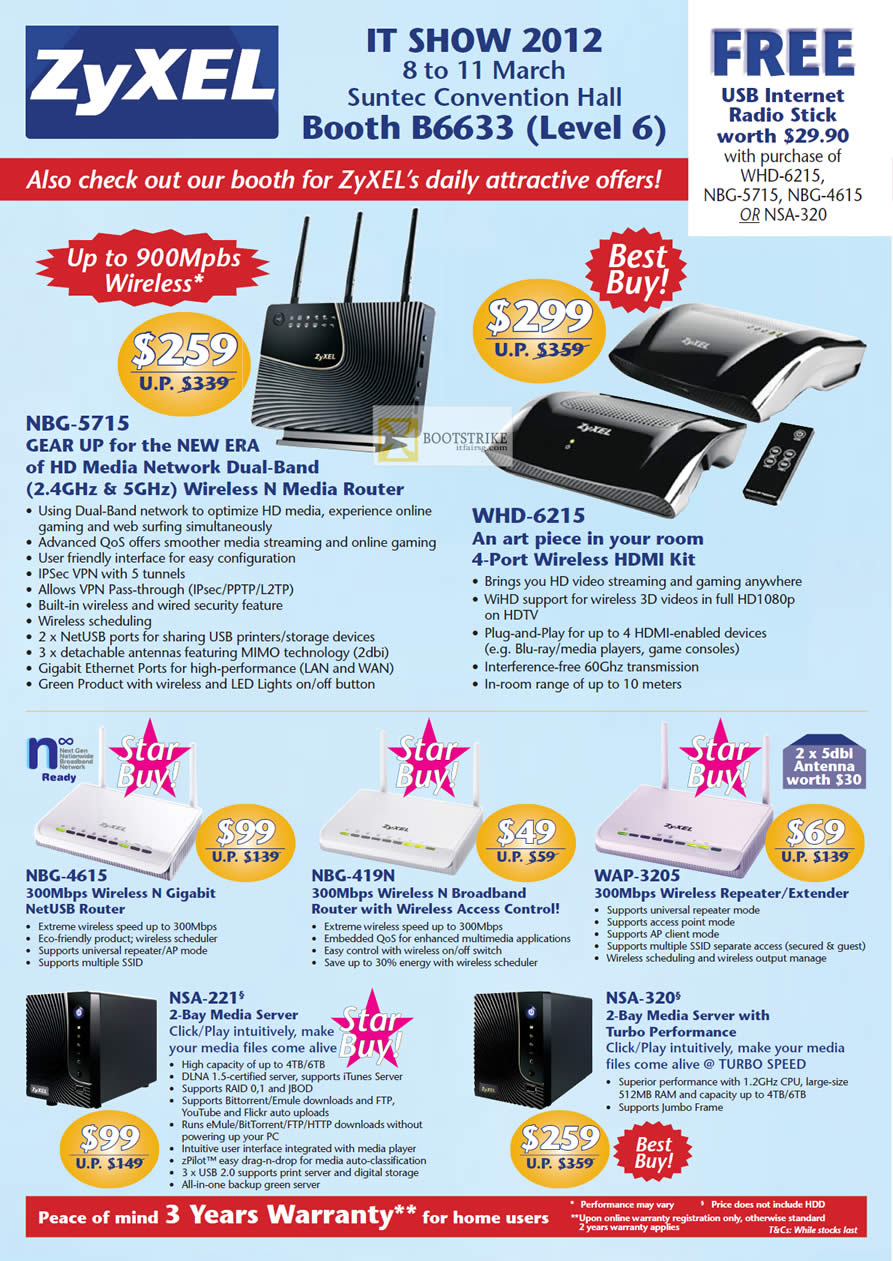 IT SHOW 2012 price list image brochure of Zyxel Networking NBG-5715 Wireless Router, WHD-6215 Wireless HDMI Kit, NBG-4615, NBG-419N, WAP-3205 Repeater Extender, NSA-221 NAS, NSA-320